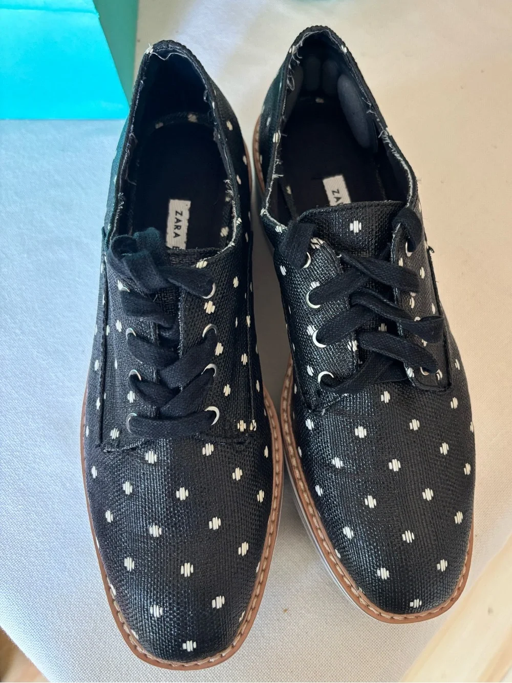 Zara Women’s Canvas Black & White Polkadot Striped Platform Lace up Shoes